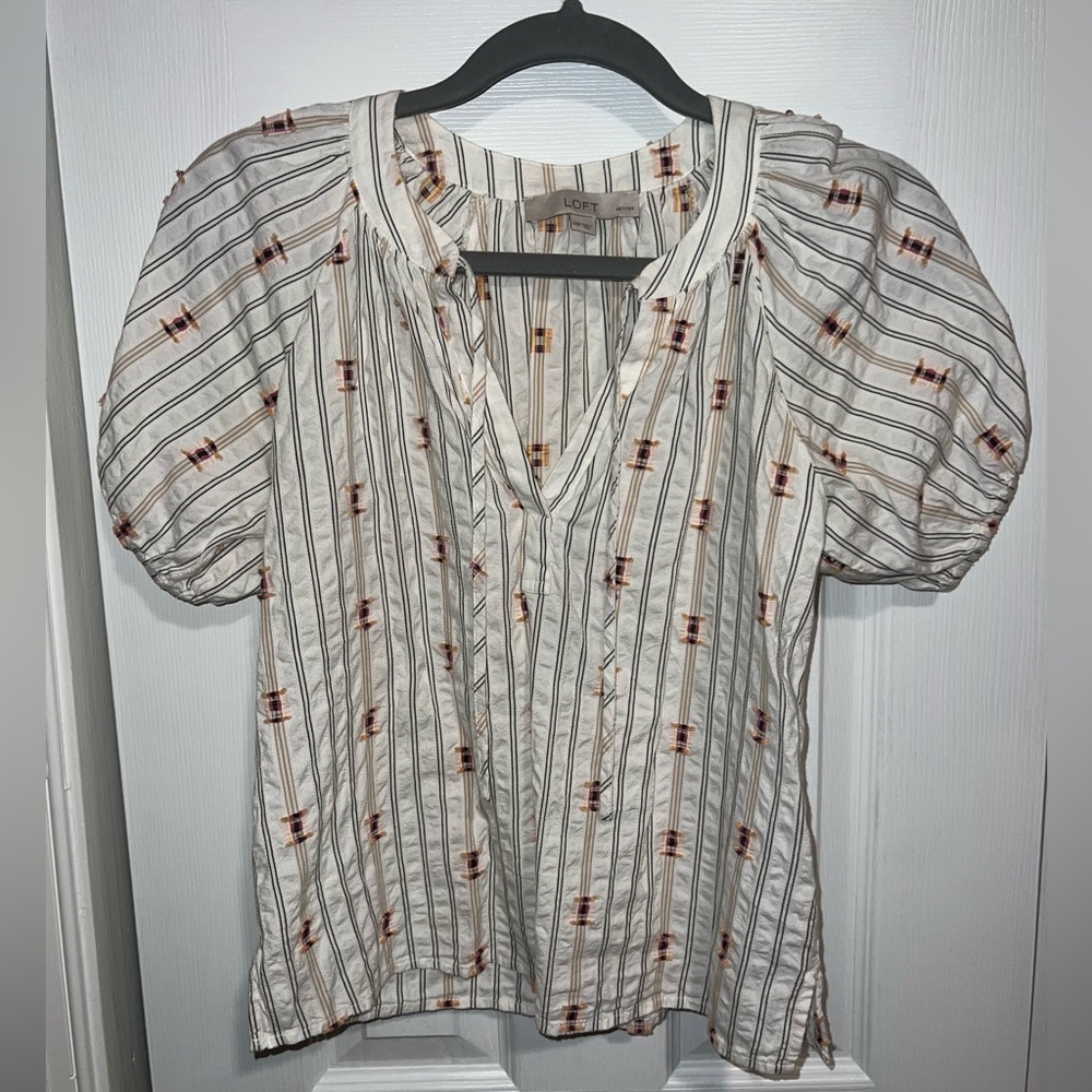 LOFT Women's Patterned Puff Sleeve Blouse - White and Brown